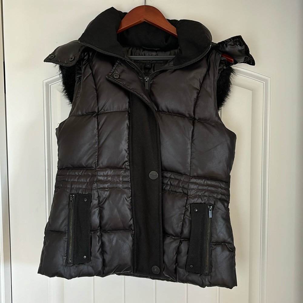 Kenneth Cole Black Down Puffer Faux Fur Hoodie Wool Trim Full Zip‎ Womens Medium
